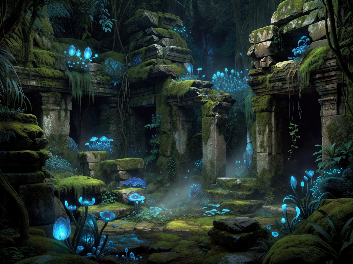 Hidden ancient stone ruins overtaken by moss and mysterious blue flora