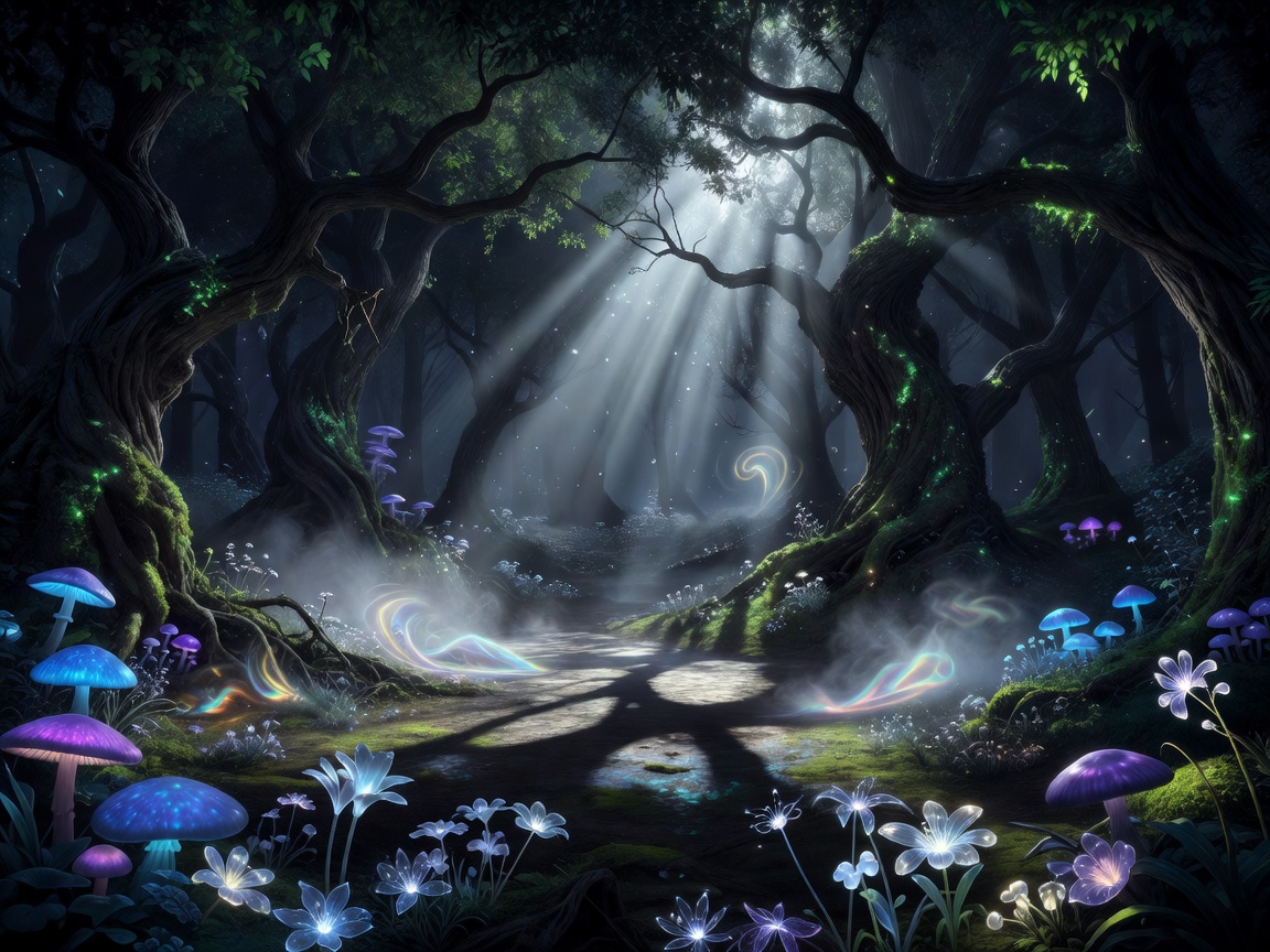 Magical moonlight breaking through the leafy canopy of a dark enchanted forest