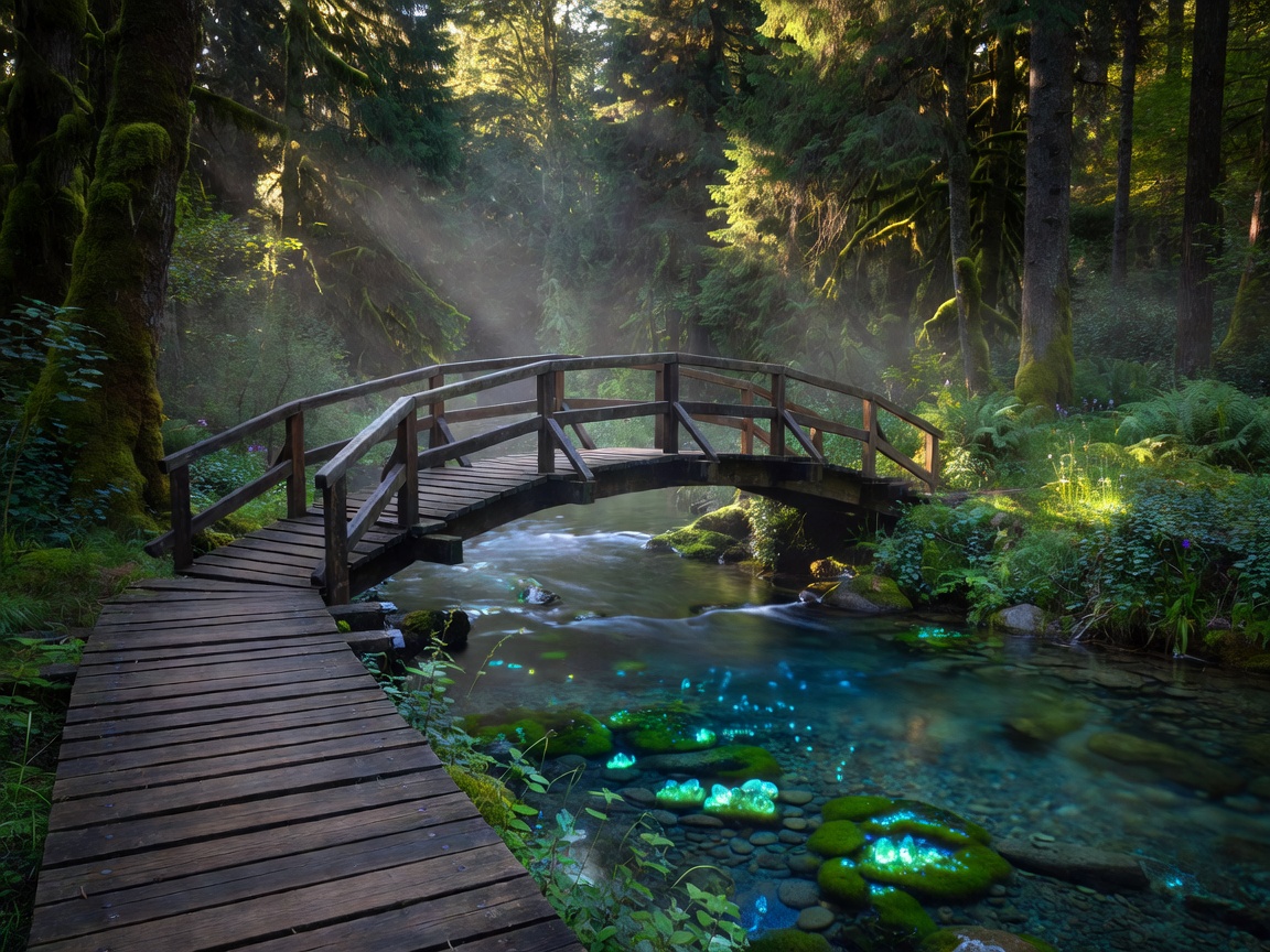 A wooden walkway bridge crossing over a glowing crystal-clear river in the forest